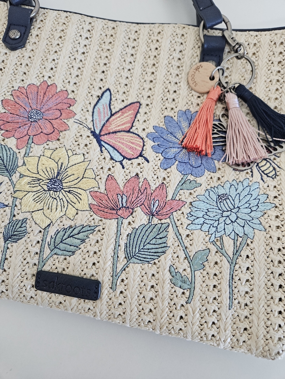 Sakroots | Meadow Straw Floral Butterfly Medium Tote Bag Navy Blue Multi Womens - Picture 5 of 8